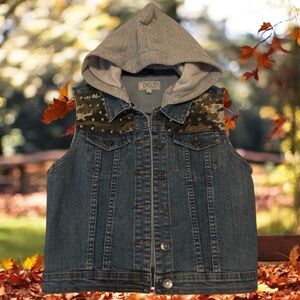 Denim Vest with Detachable Gray Hood adorned with camo & studs #studs #camo